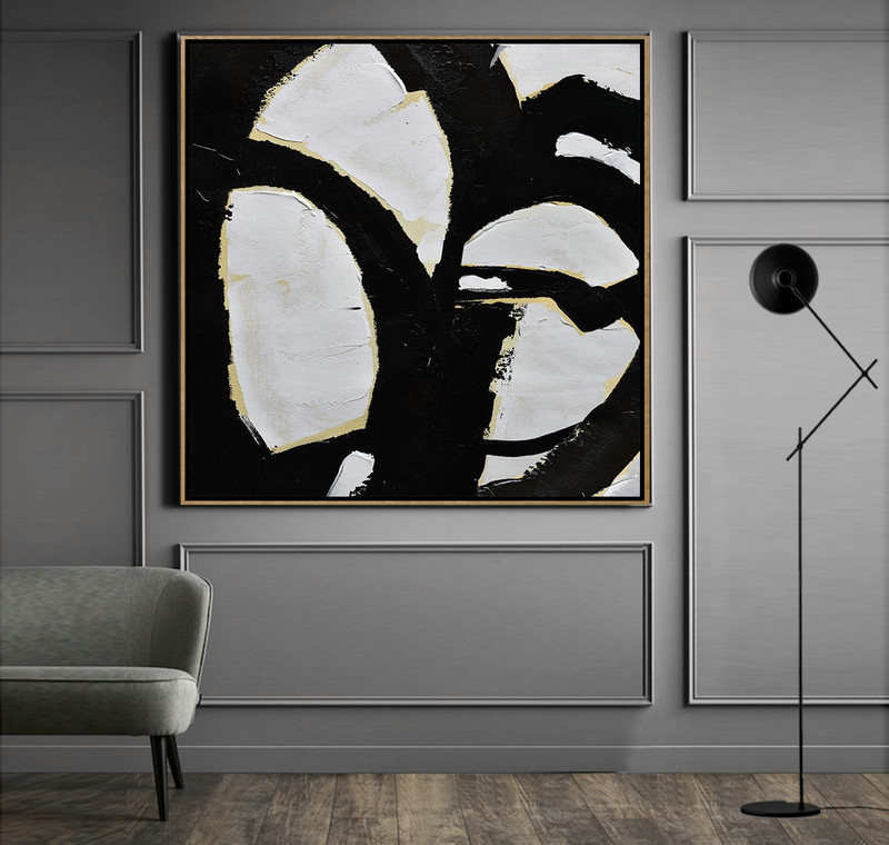 Large Abstract Art,Handmade Minimal Art Palette Knife Canvas Painting, Black White Beige - Big Art Canvas